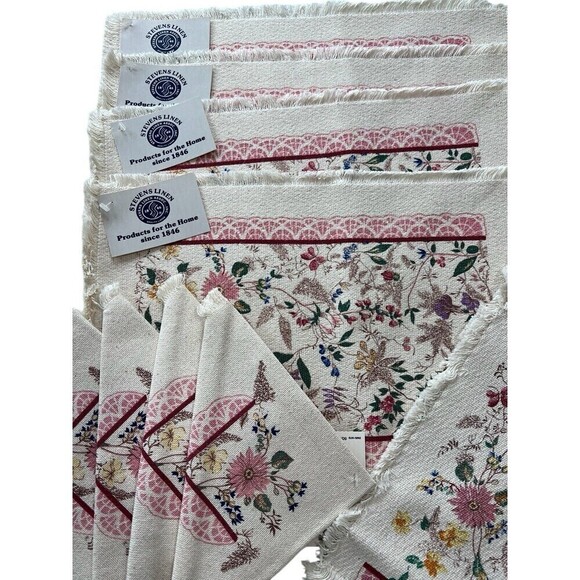 NEW with Tags Vintage Stevens Linen Placemats Napkins Runner Flowers Made in USA - Picture 2 of 9
